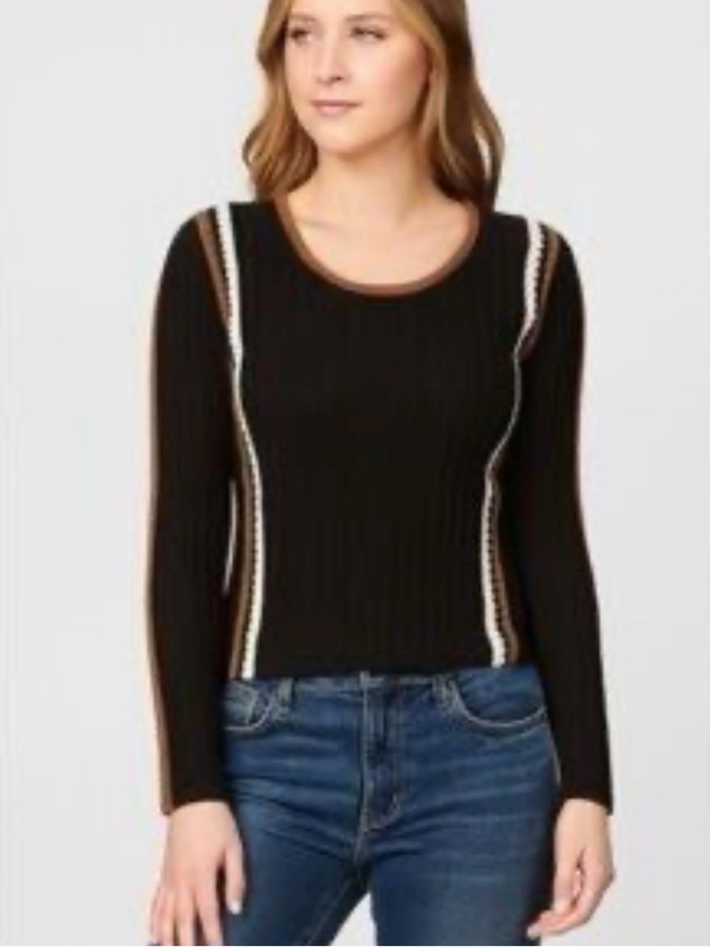 House of Harlow 1960 Black Ribbed Crew Sweater with Cream and Beige Trim size M